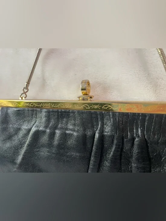 Vintage Etra Genuine leather black clutch hand bag purse gold with filigree - Picture 4 of 9